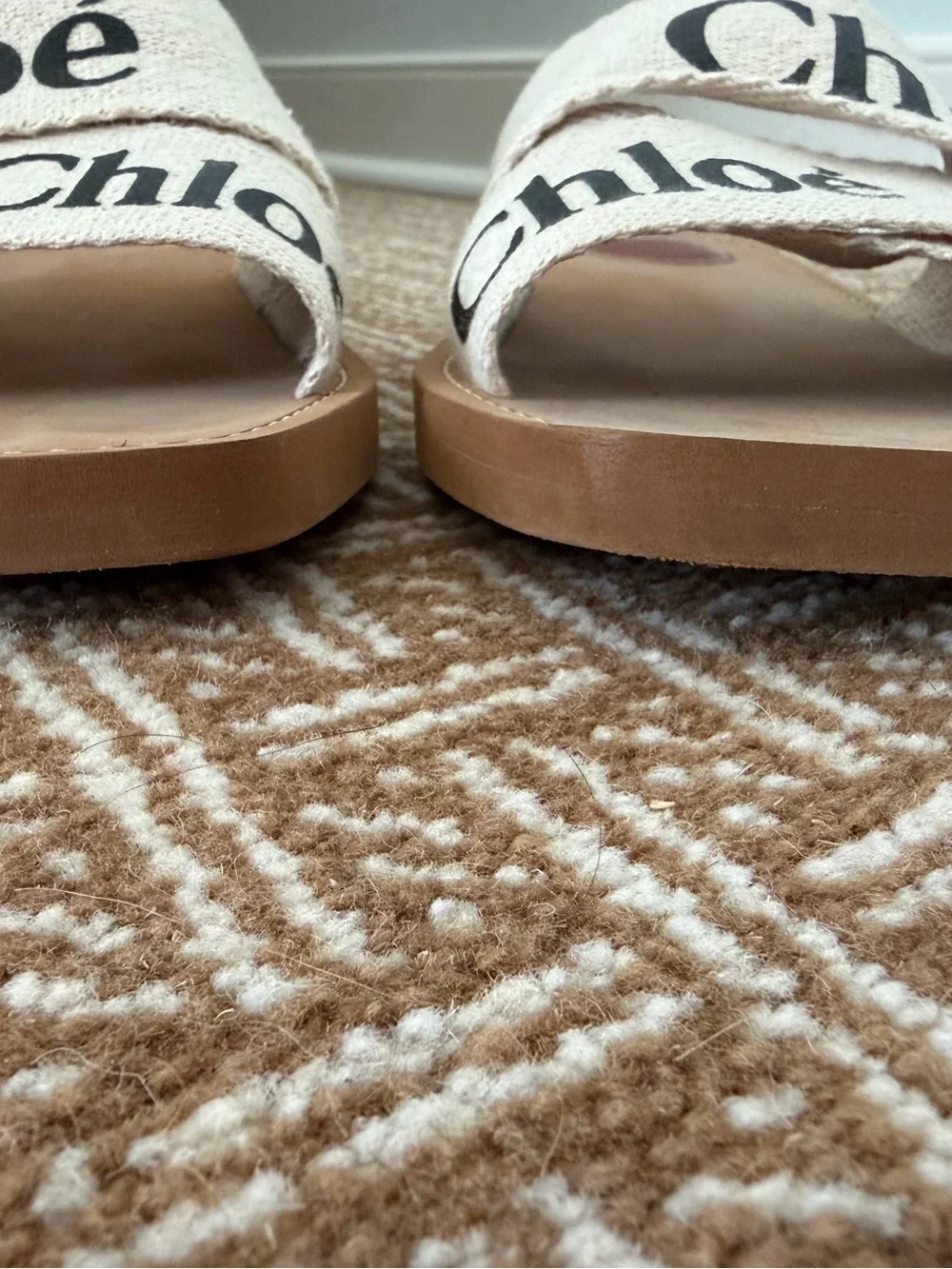 Chloé Cream Canvas Logo Slide Sandals with Brown Leather Sole